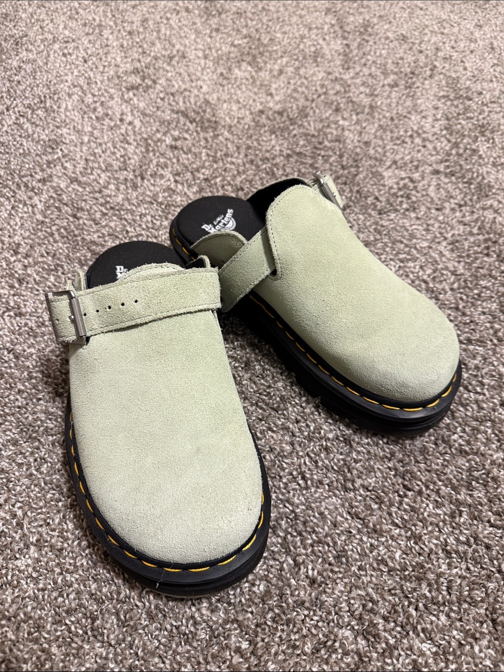 Dr. Martens Light Green Suede Slip-On Clogs with Yellow Stitching